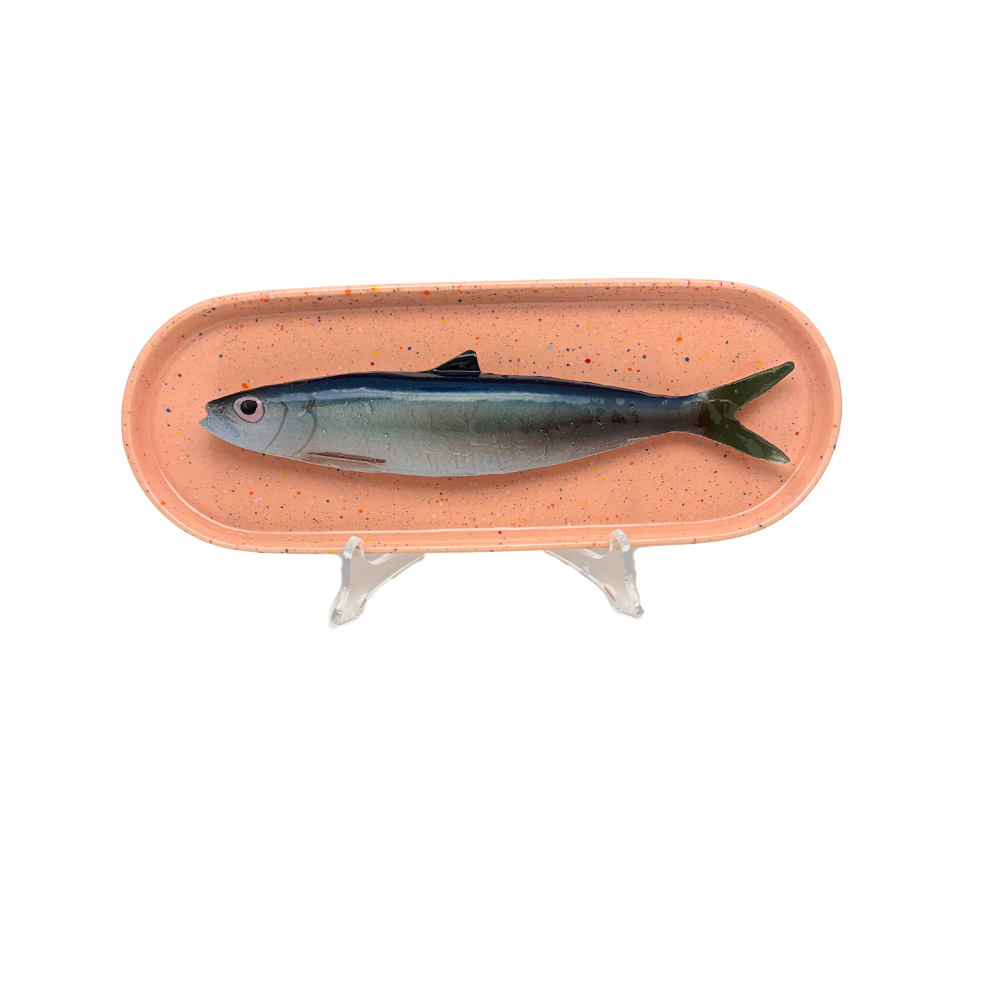 Alaccia/Haring op langwerpig ovaal zalm roze, spikkel bord, 28x10cm