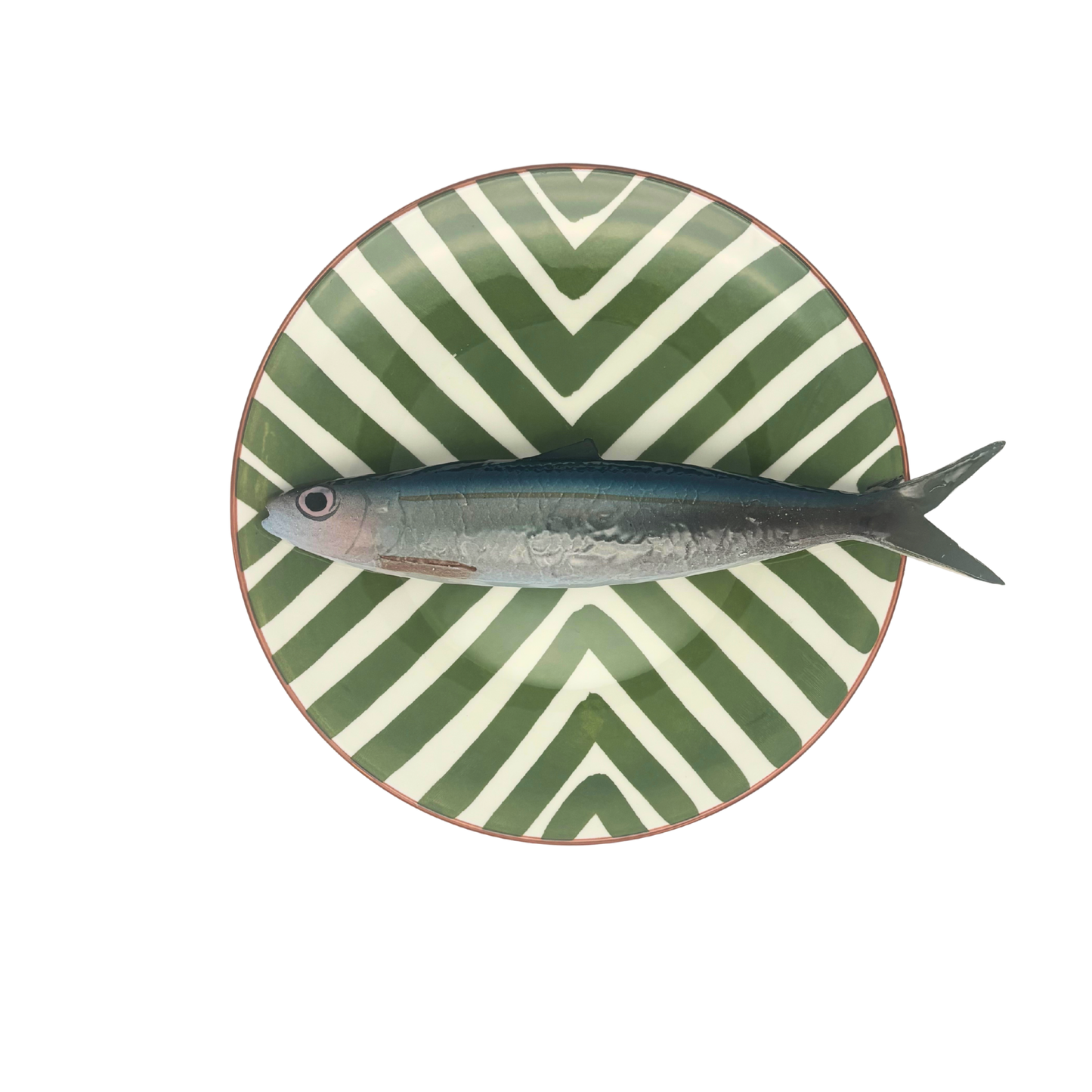 Alaccia/Haring op een groen strepen bord, rond 22 cm