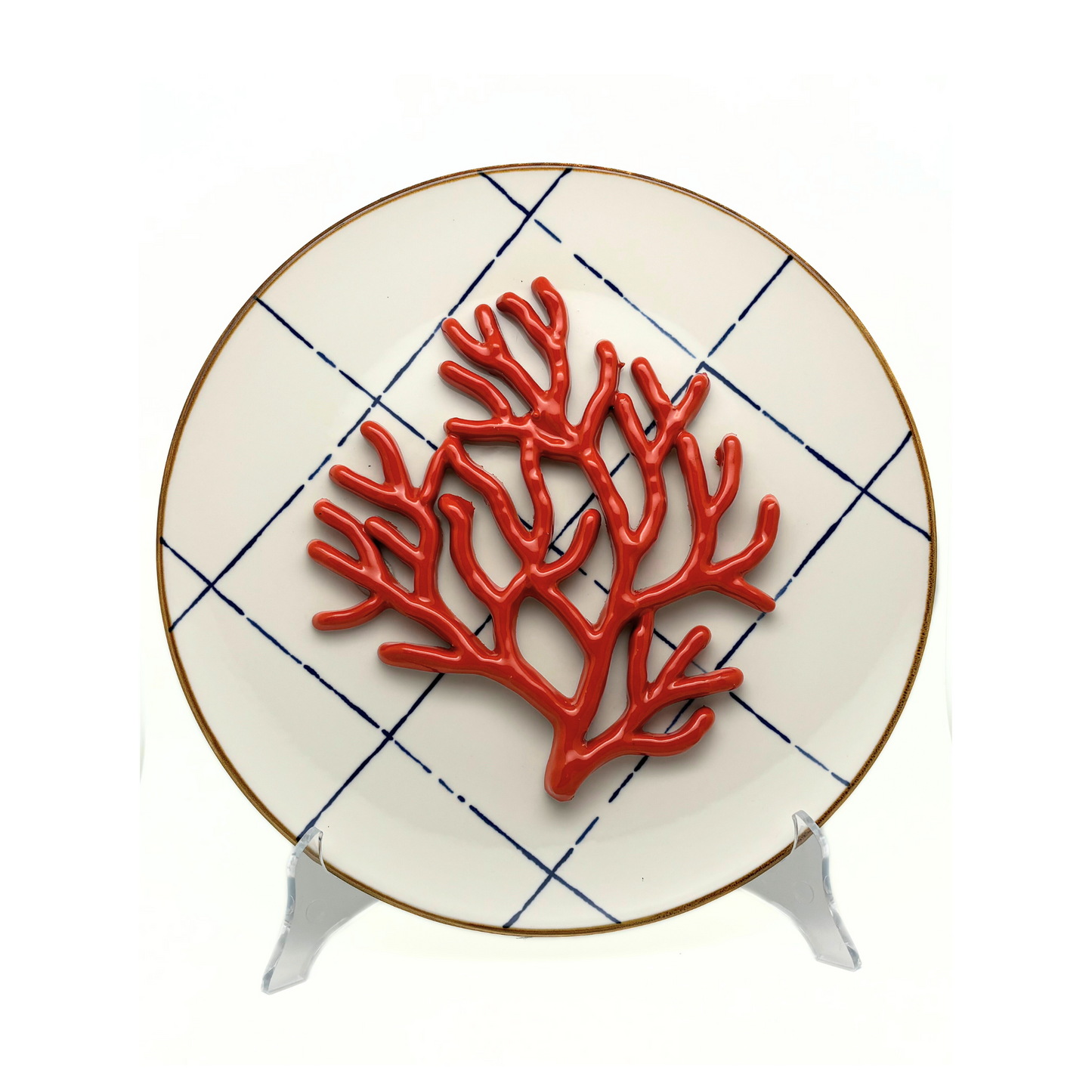 Koraal medio op blauw ruit bord, 28 cm rond