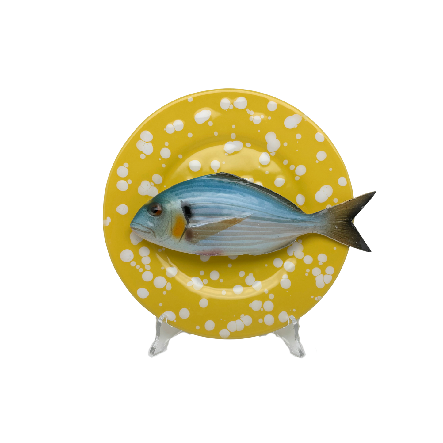 Orata op okergeel met witte verfspatten bord, 22 cm