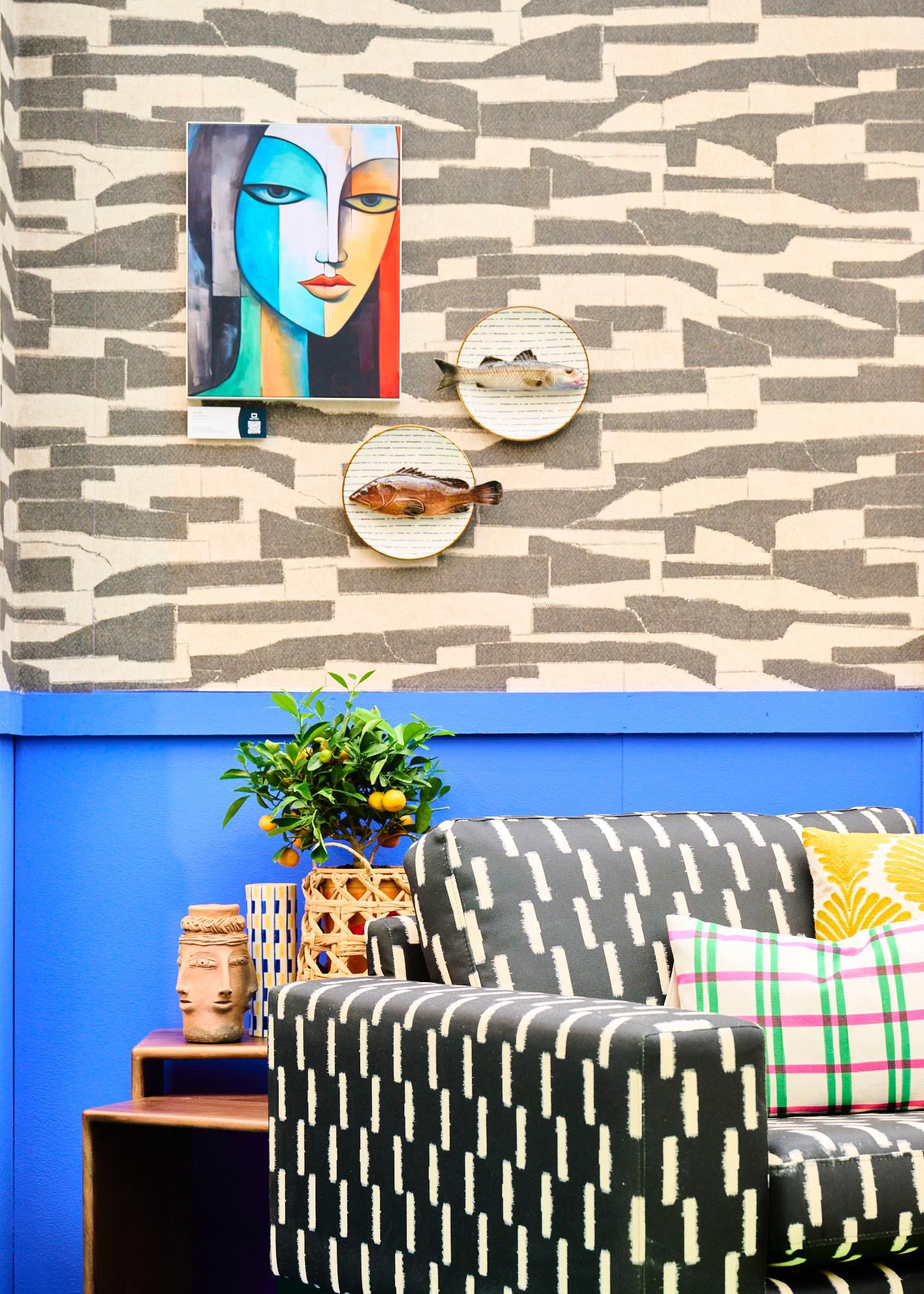 Cernia medio op wit met blauw gestreept bord, 22 cm rond