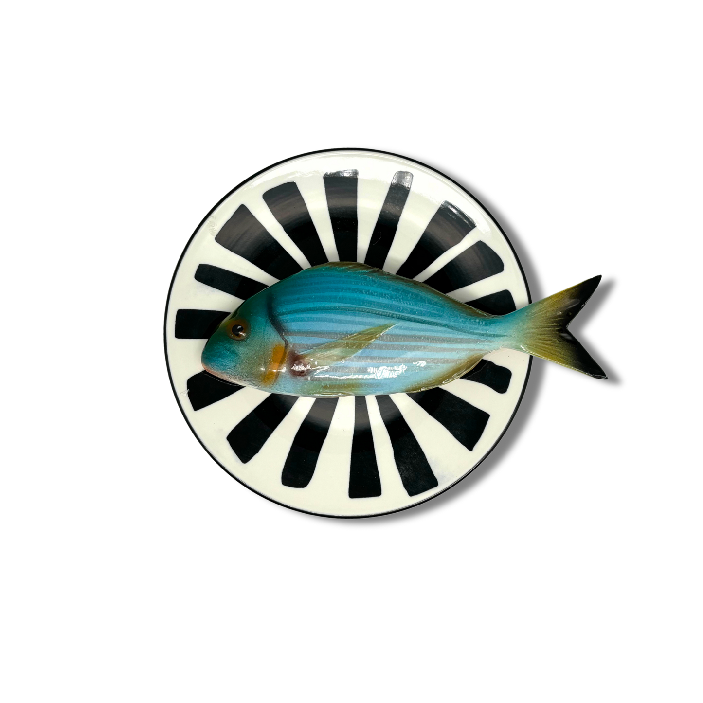 Orata medio op een wit bord met zwarte decoratieve strepen, 20cm.