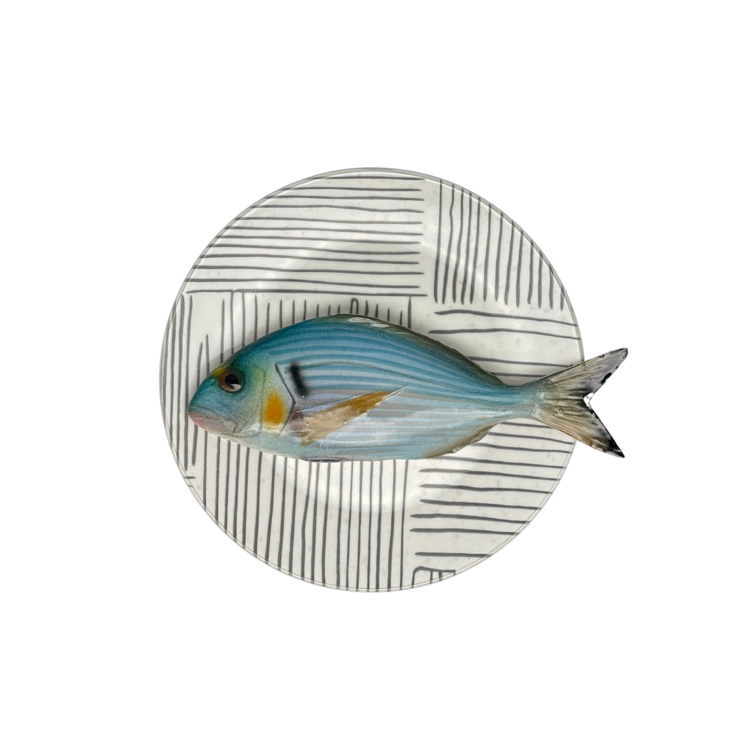 Orata op bord met grijze streep decoratie, 20 cm rond.