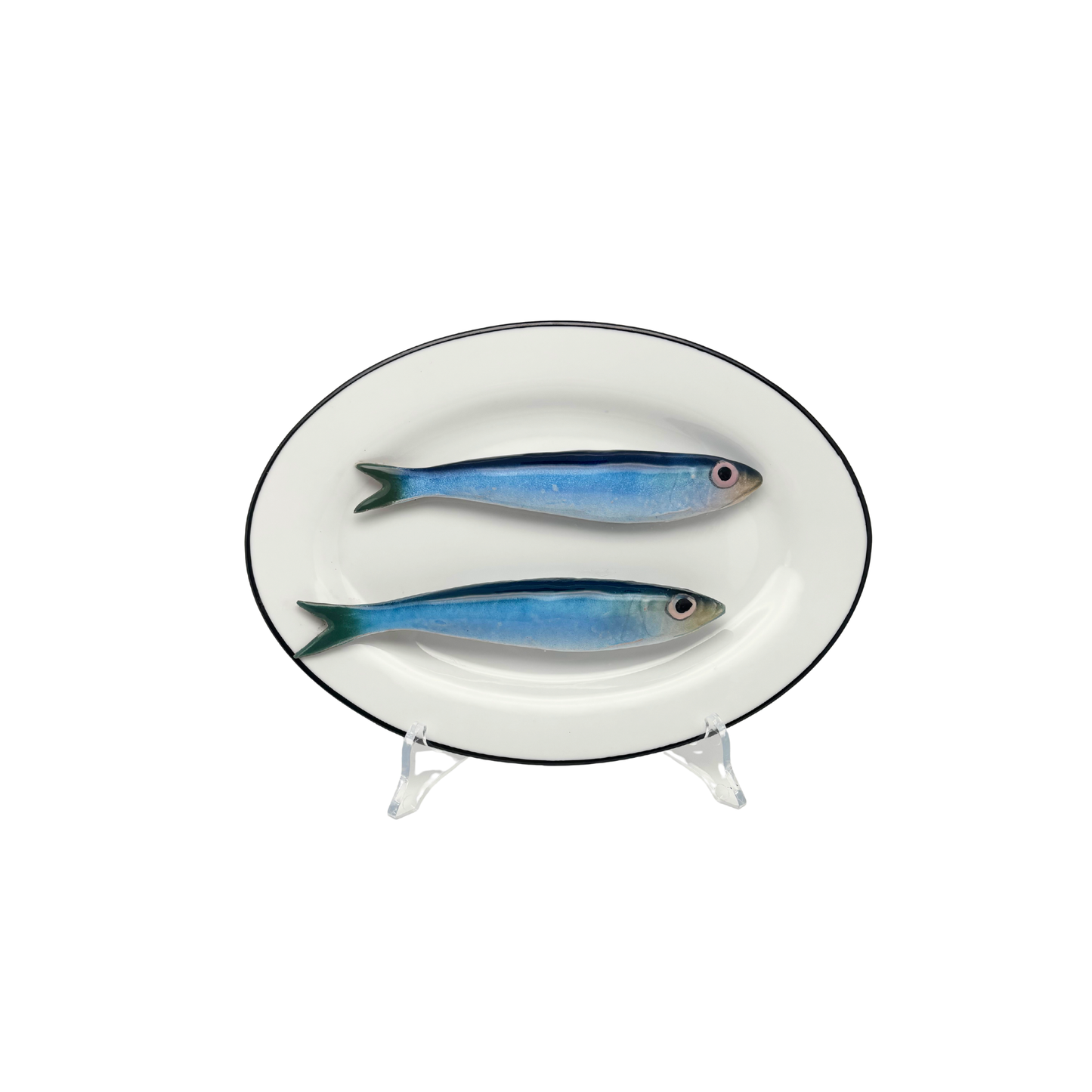 Sardines op ovaal wit bord met donker grijze rand, 24x17cm