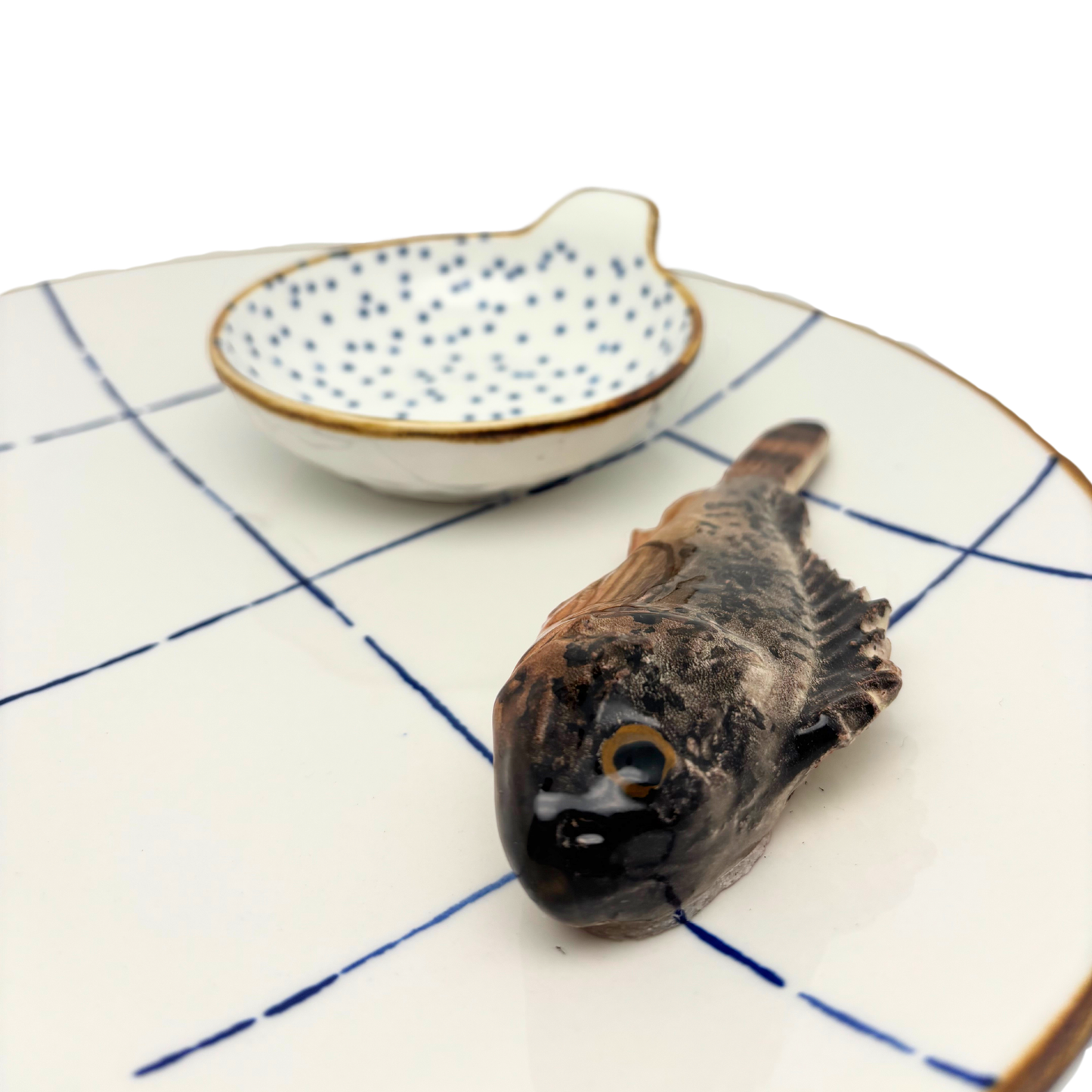 Scorfano Marrone Borrelbord met dipschaaltje - blauw-wit ruit 26cm