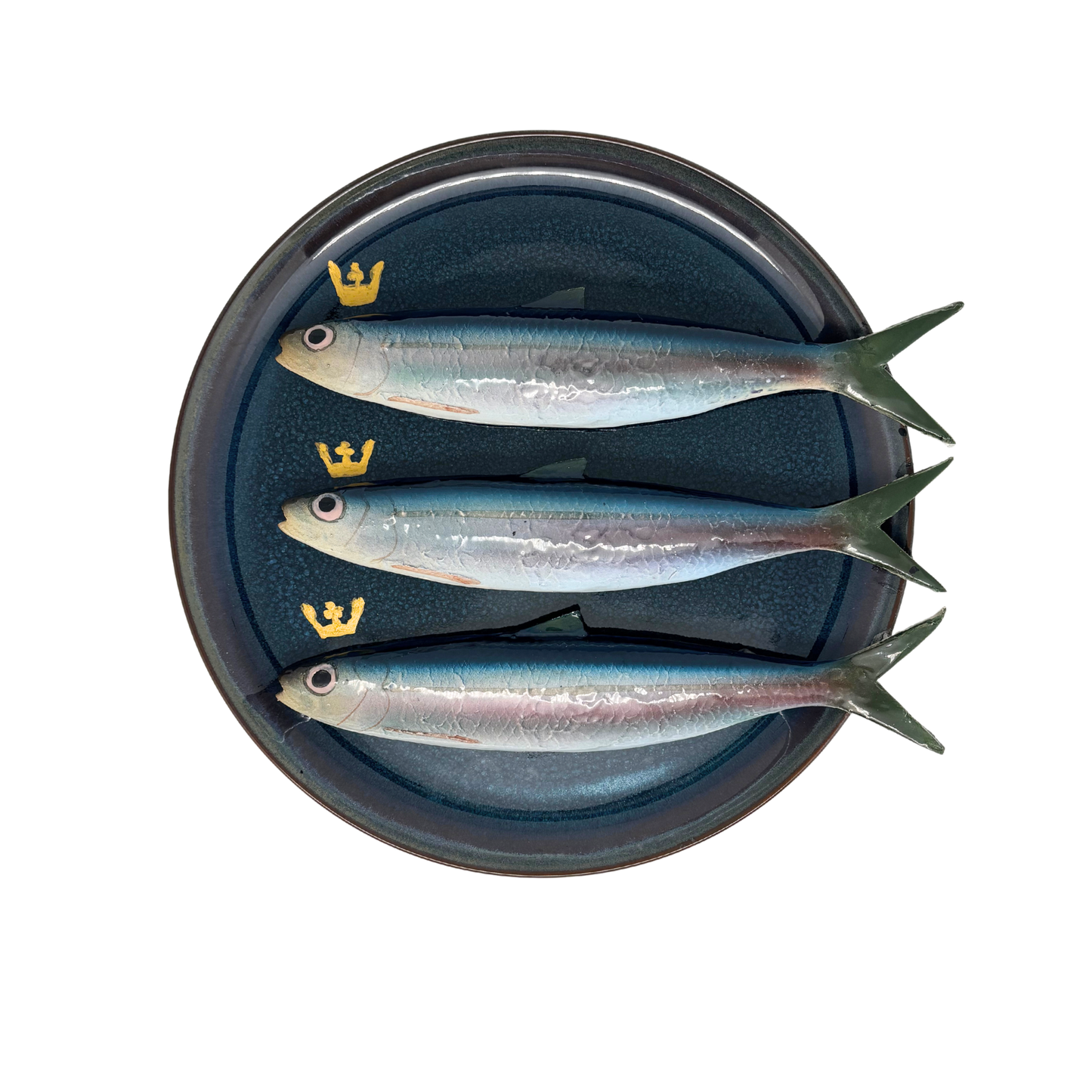 Haringen/Alaccia 3 stuks op donker blauw bord, 26cm rond