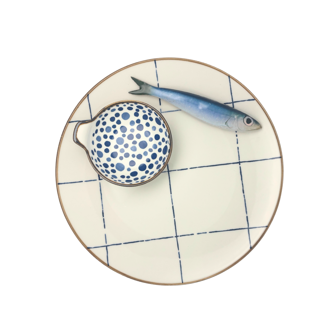 Sardine Borrelbord met dipschaaltje - blauw-wit ruit 26cm