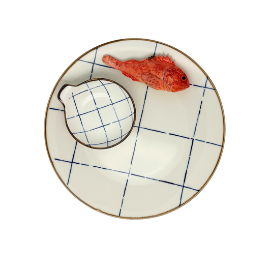 Scorfano Borrelbord met dipschaaltje - blauw-wit ruit 26cm