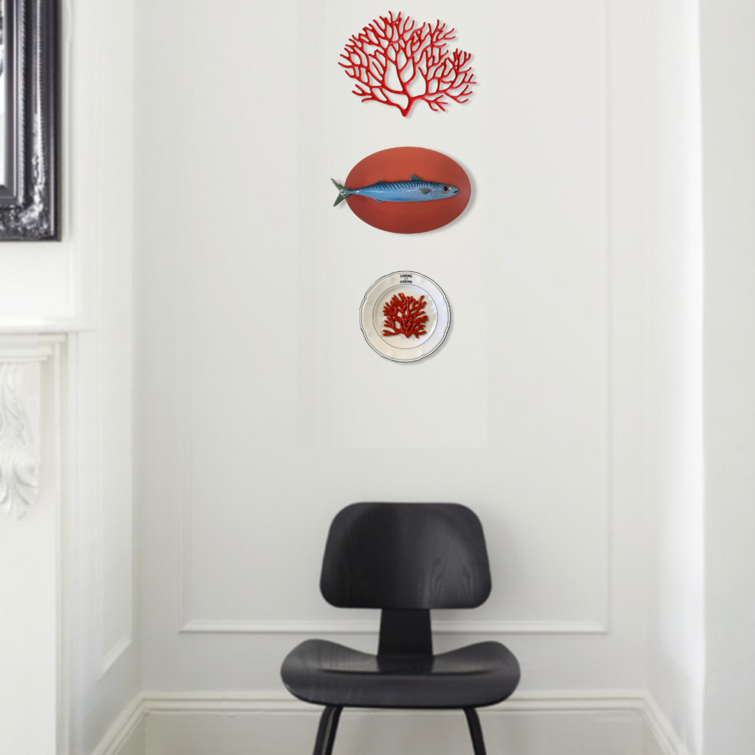 Sgrombro/Makreel op mat koraalkleur bord, ovaal 27X19