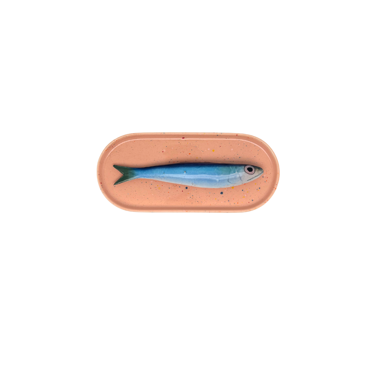 Sardine op langwerpig ovaal zalm roze, spikkel bordje, 20x9cm