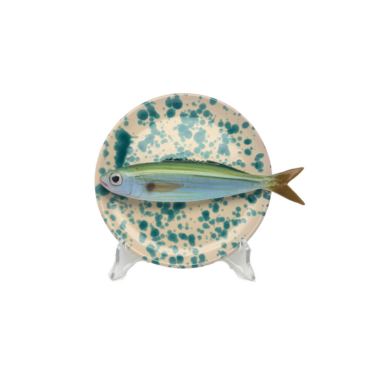 Boga op créme met turquois verfspatten bordje, 16 cm rond