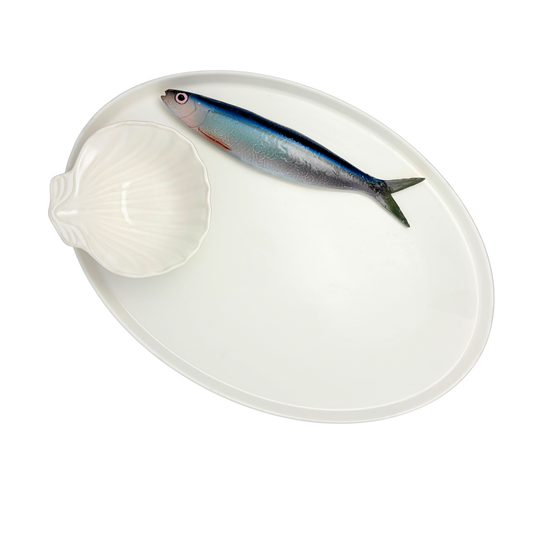 Haring/Alaccia Borrelbord met schelp dipschaaltje - Ovaal wit serveerbord 38x27cm