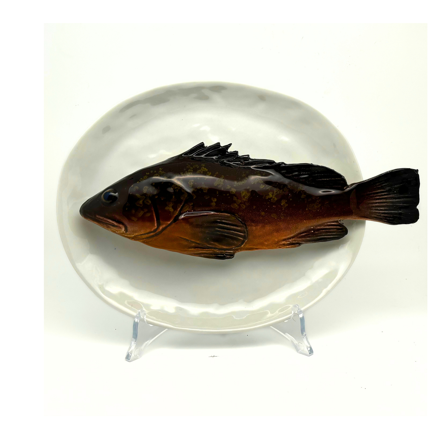 Cernia medio op een ovaal wit bord, 22X19 cm