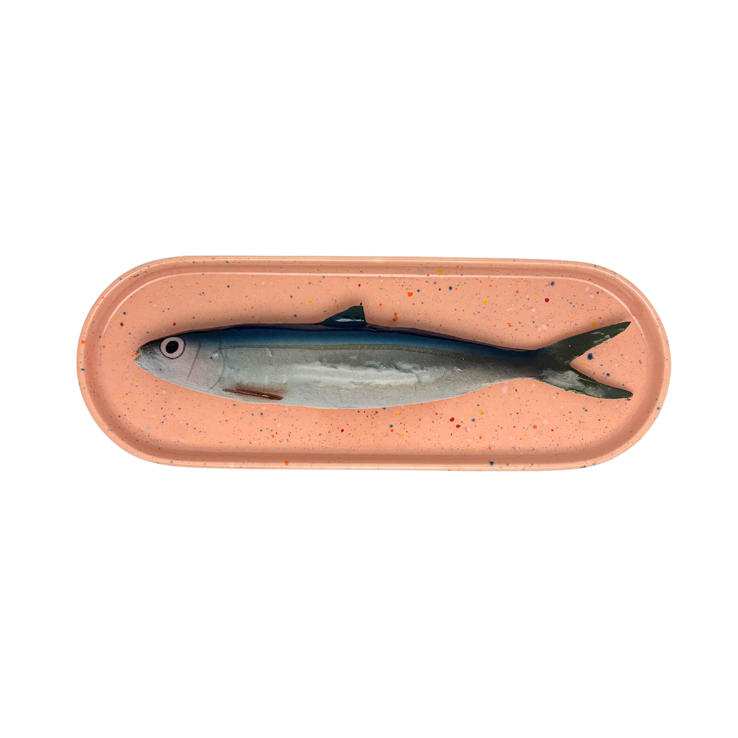 Alaccia/Haring op langwerpig ovaal zalm roze, spikkel bord, 28x10cm