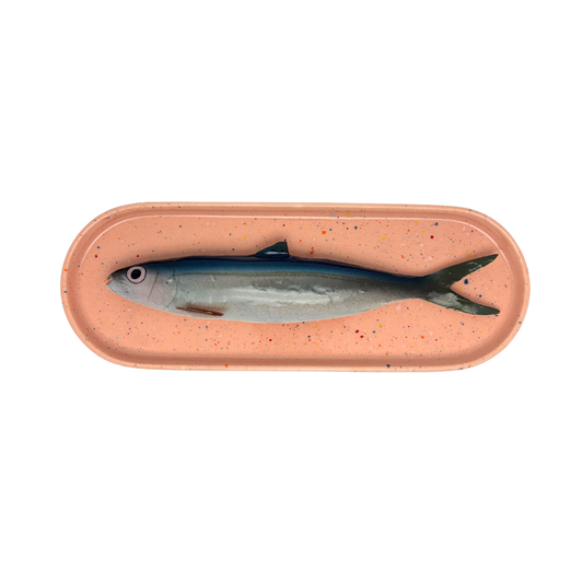 Alaccia/Haring op langwerpig ovaal zalm roze, spikkel bord, 28x10cm