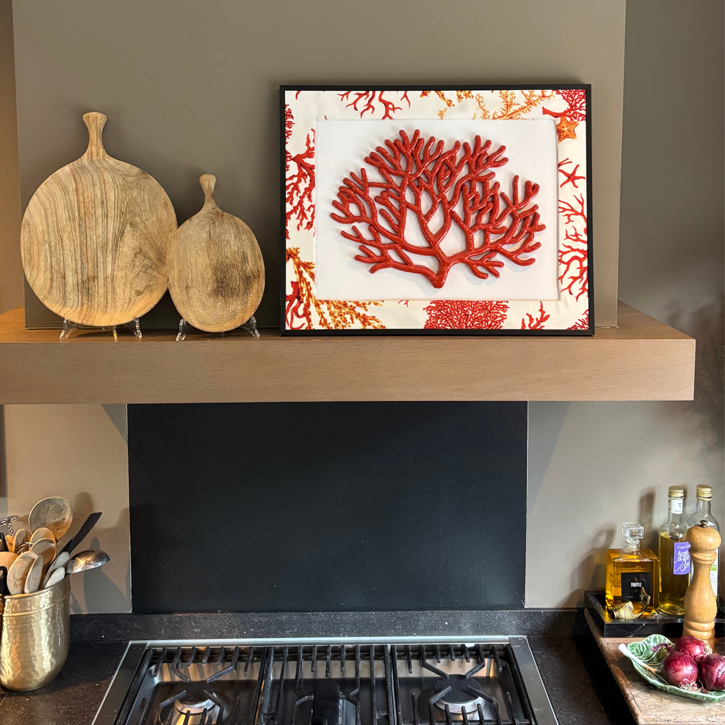 Koraal groot inlijst met passe-partout koraalprint , lijst zwart 51x41cm