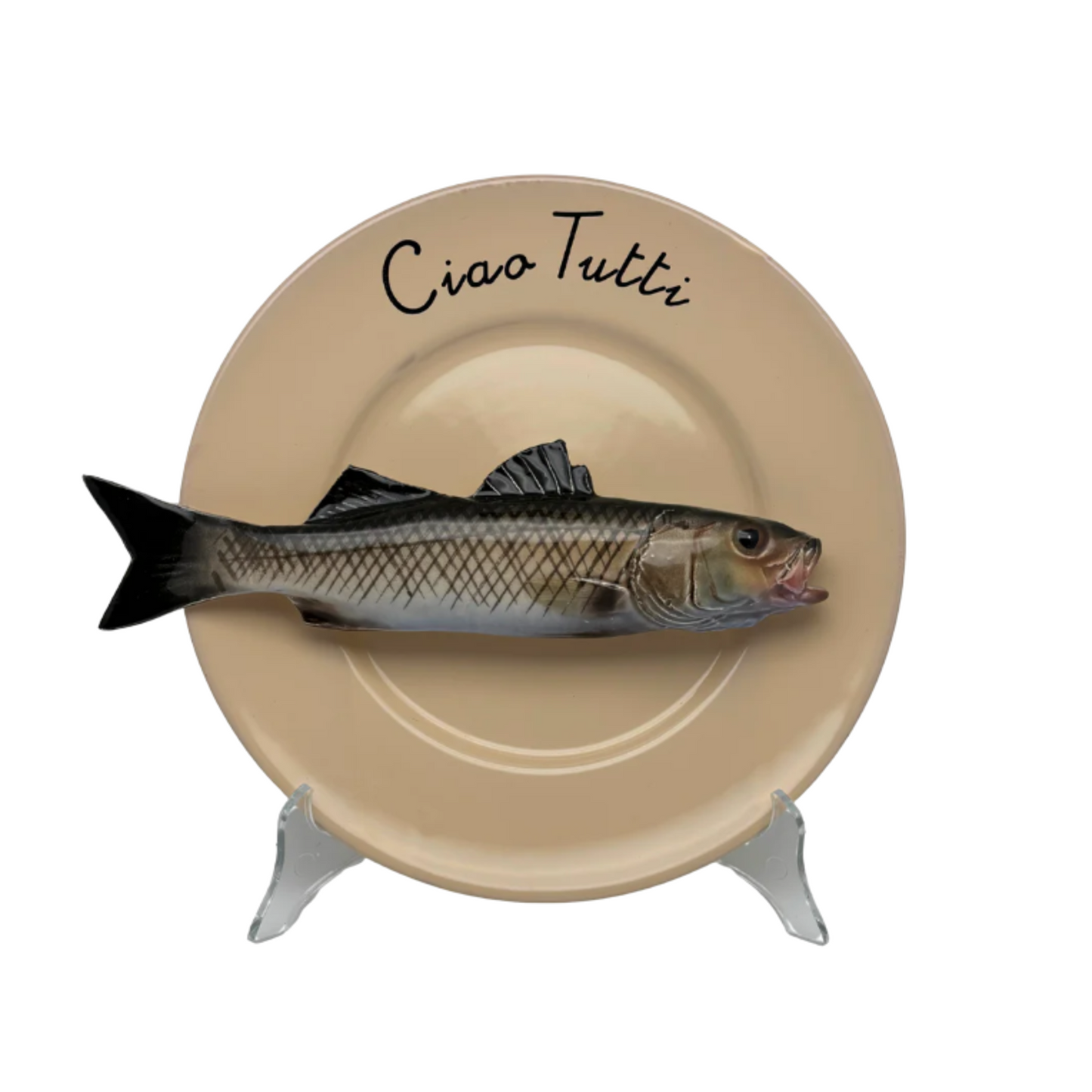Spigola op camel/zand kleur bord "Ciao Tutti", 23 cm rond