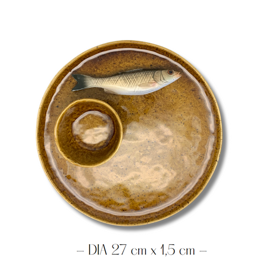 Borrelbord met Spigola in bruin/goud incl. dipbakje  27cm rond