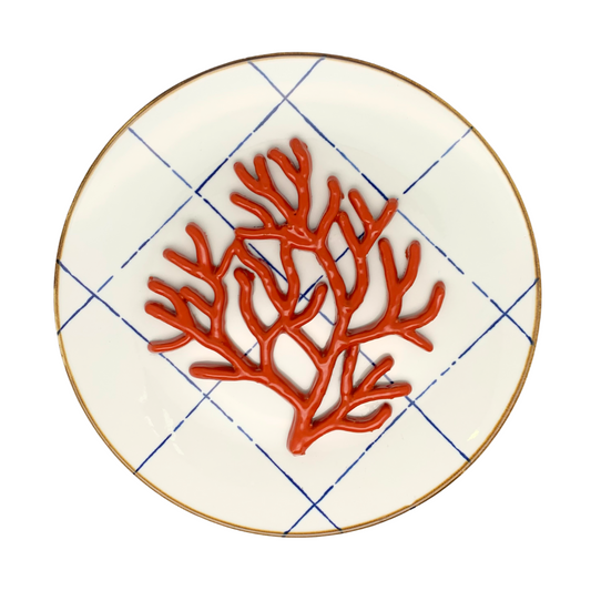 Koraal medio op blauw ruit bord, 28 cm rond