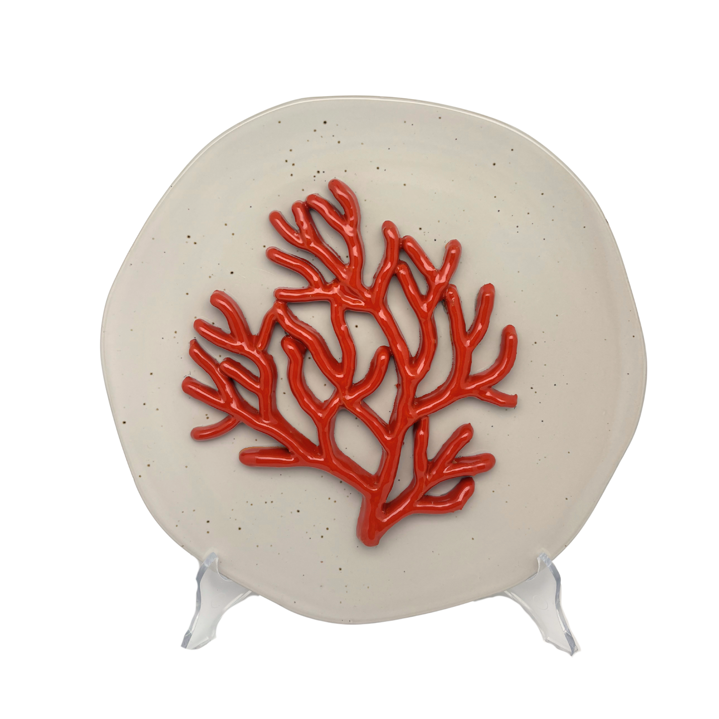 Koraal medio op kiezel grijs hoekig bord, 26 cm