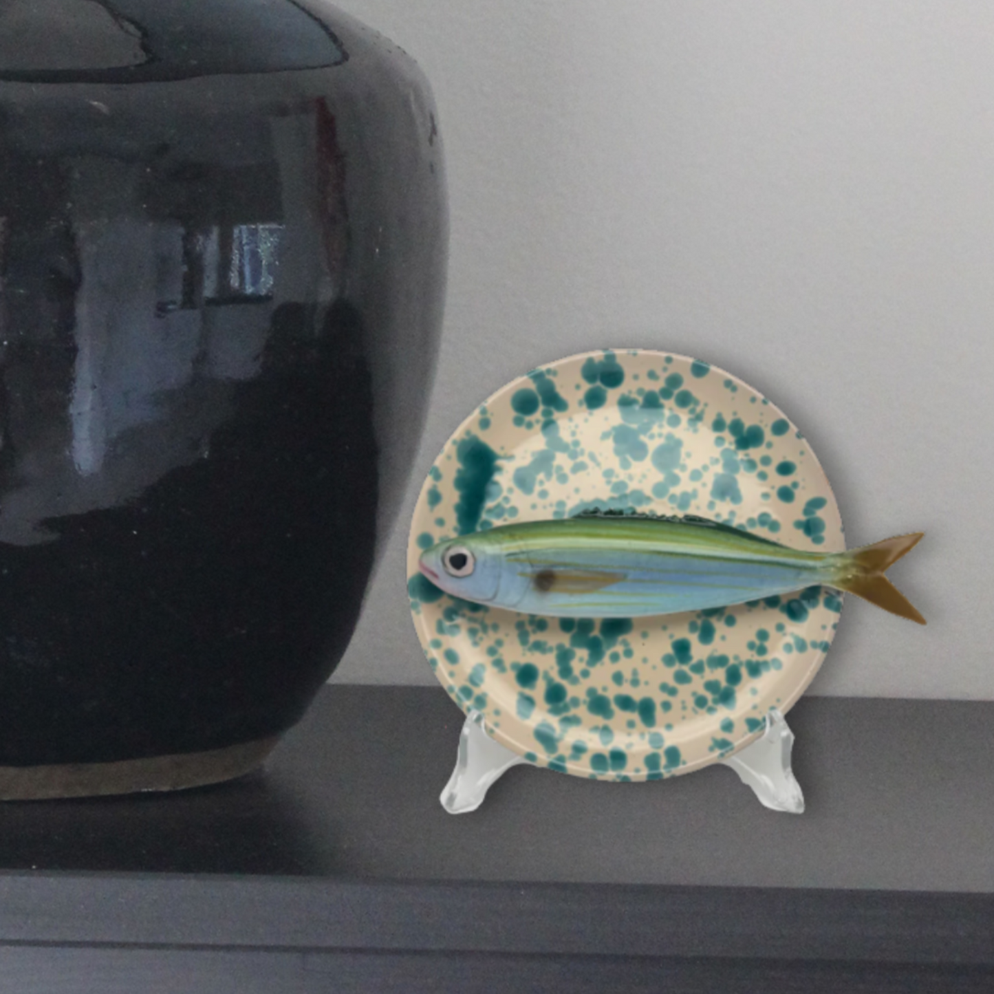 Boga op créme met turquois verfspatten bordje, 16 cm rond