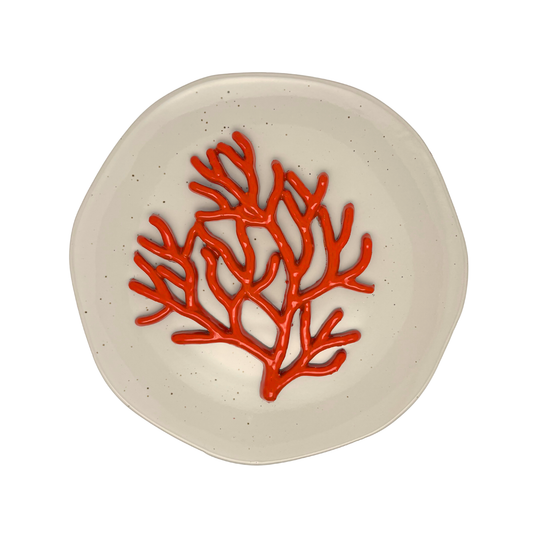 Koraal medio op kiezel grijs hoekig bord, 26 cm