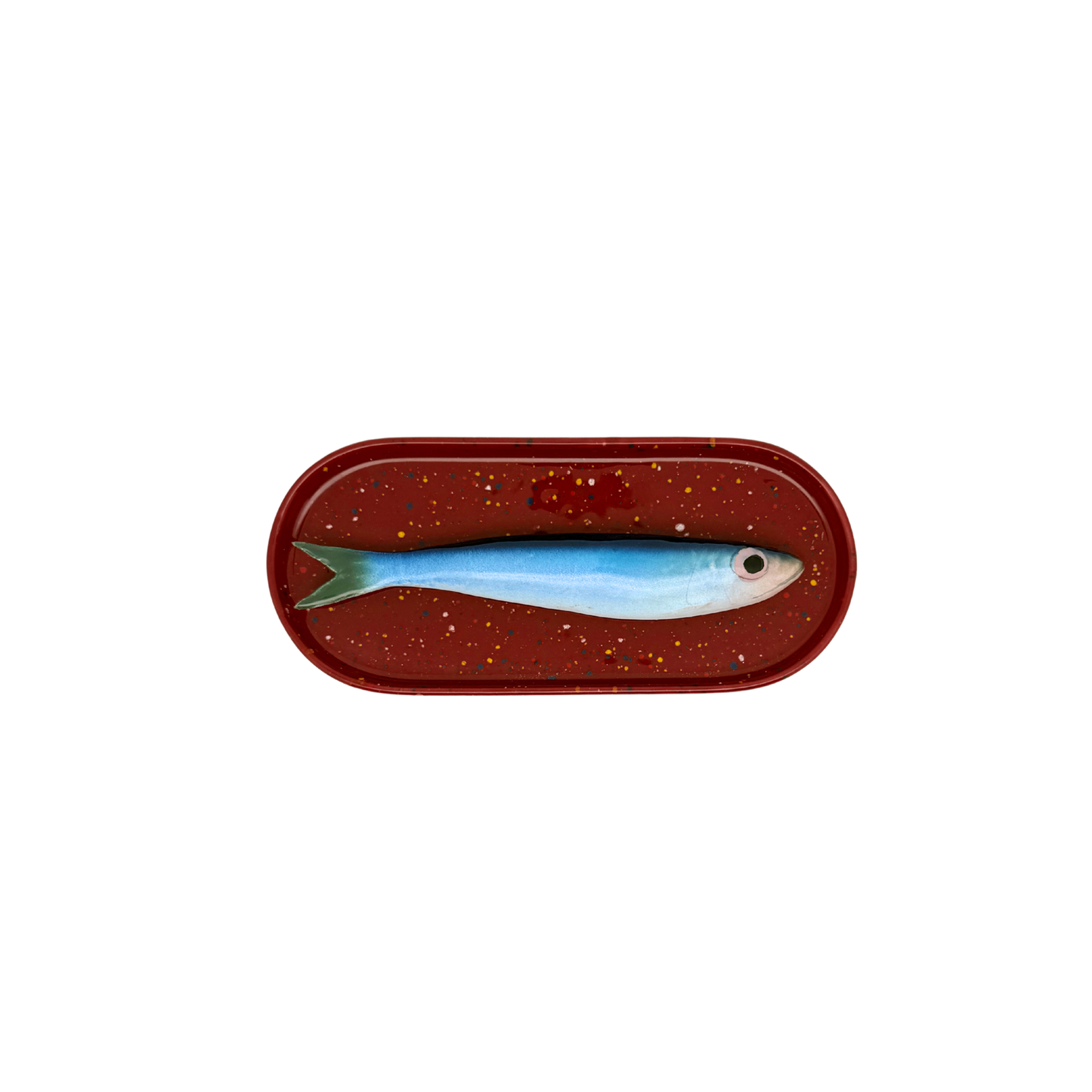 Sardine op langwerpig ovaal burgundy, spikkel bordje, 20x9cm