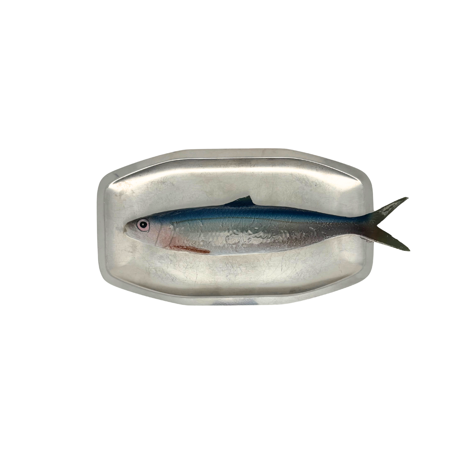 Alaccia/Haring op vintage roestvrij staal langwerpig bord, 23X13cm
