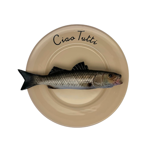 Spigola op camel/zand kleur bord "Ciao Tutti", 23 cm rond