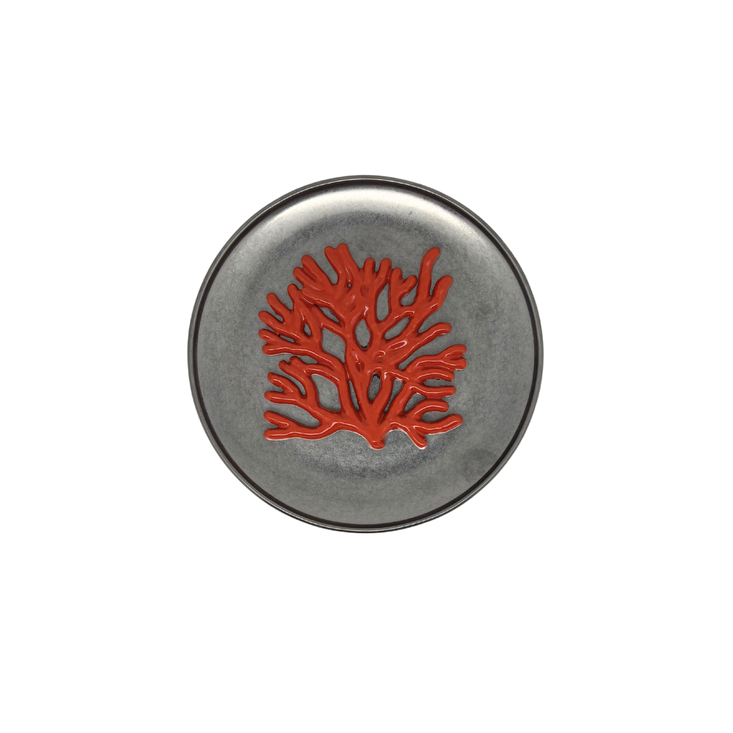 Koraal piccolo op antiek zilver bord, 16cm