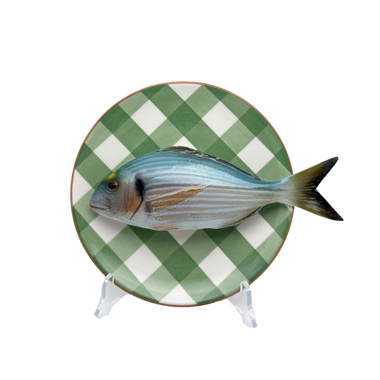 Orata op olijfgroen geruit bord, 20 cm rond
