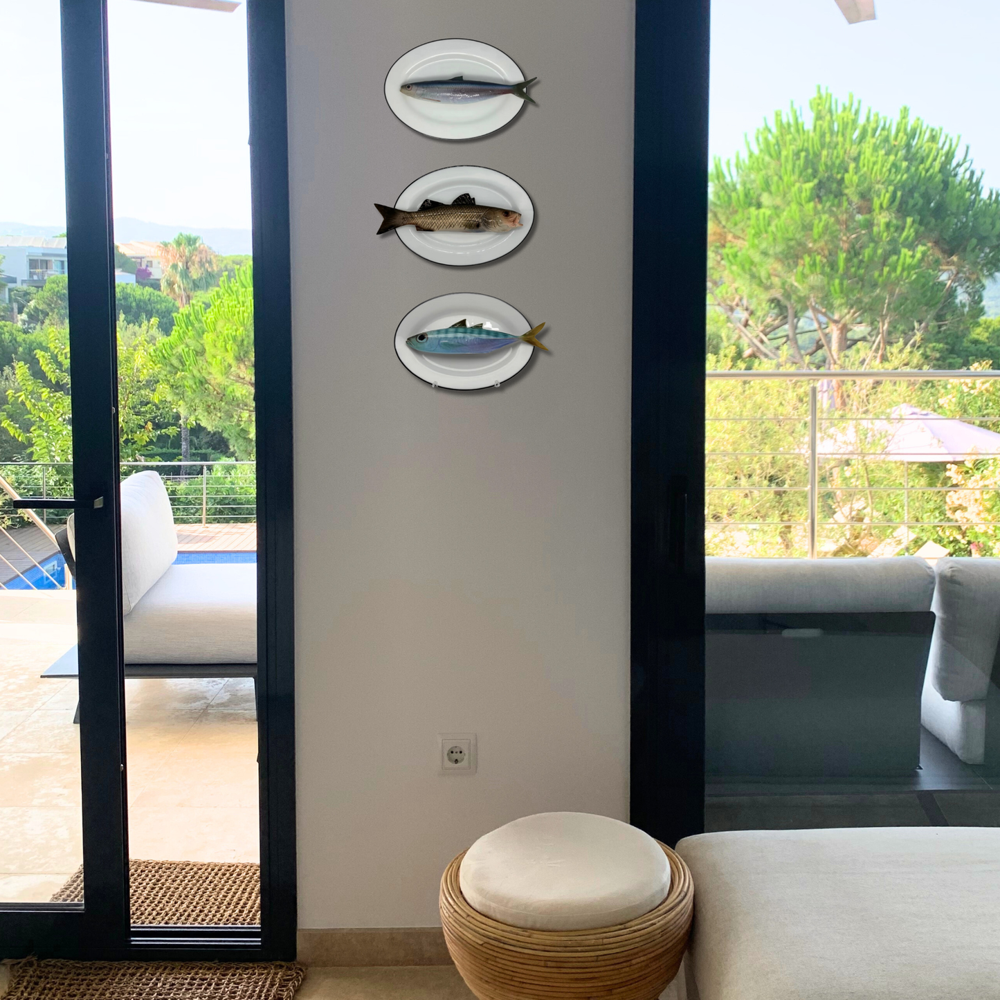 Spigola op ovaal wit bord met donker grijze rand, 25x17cm