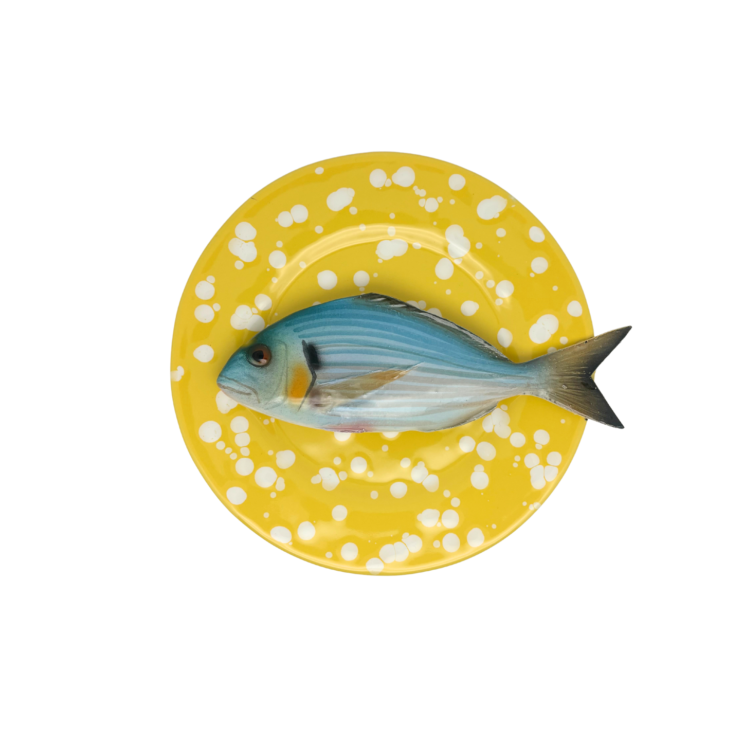 Orata op okergeel met witte verfspatten bord, 22 cm