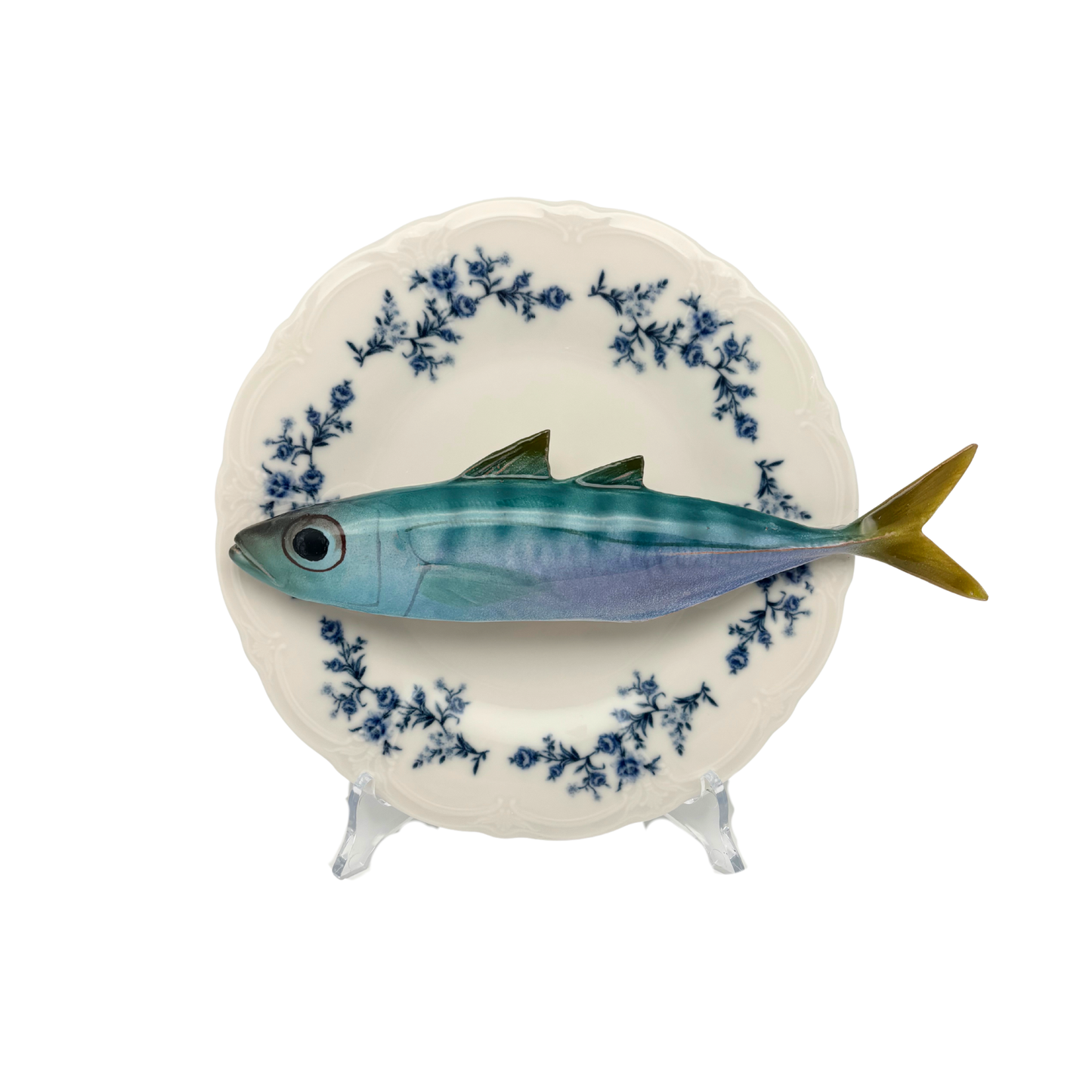 Makreel/sugarello op wit met blauwe details op decoratief bord, 21cm