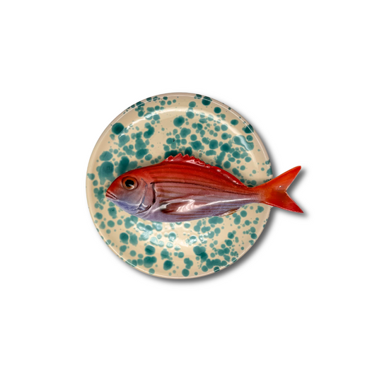 Pagello op crème met turquoise verfspatten bord, rond 16 cm