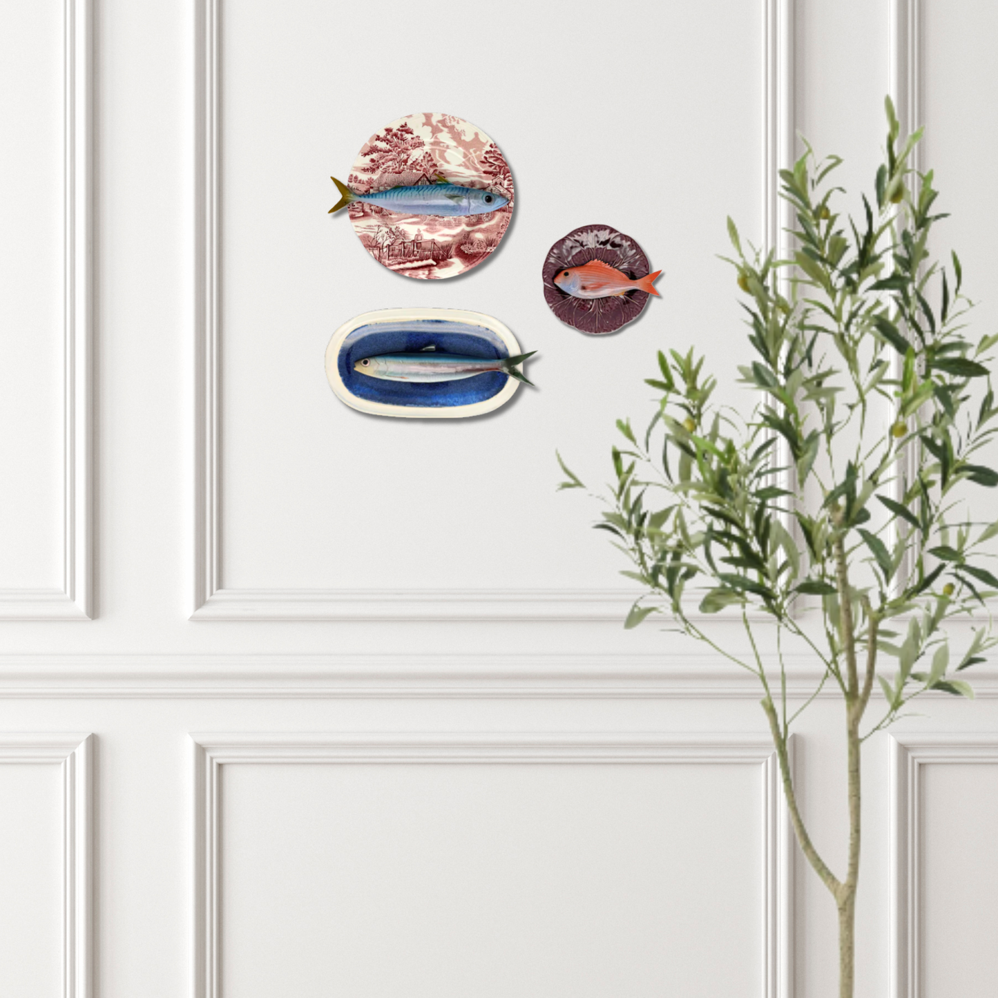 Makreel/Sugarello op roze vintage bord, 25 cm rond