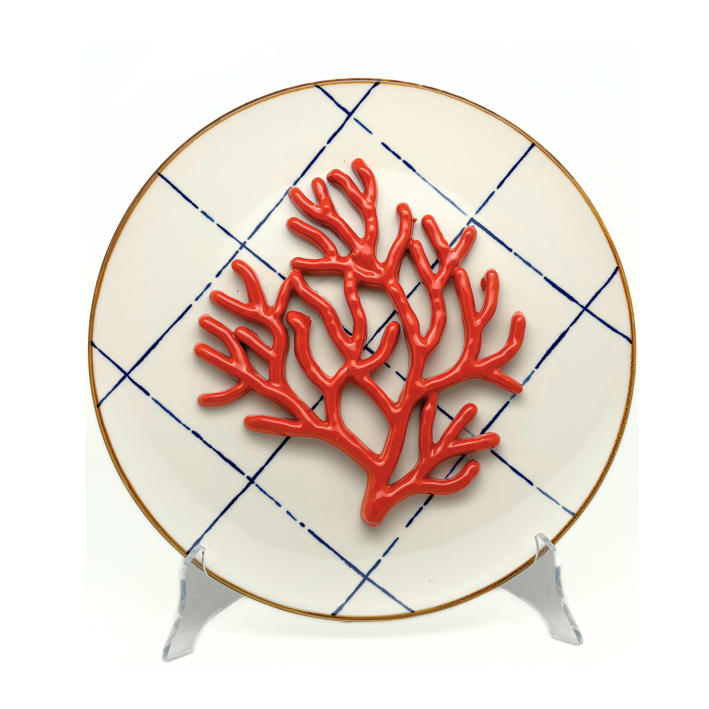 Koraal medio op blauw ruit bord, 28 cm rond