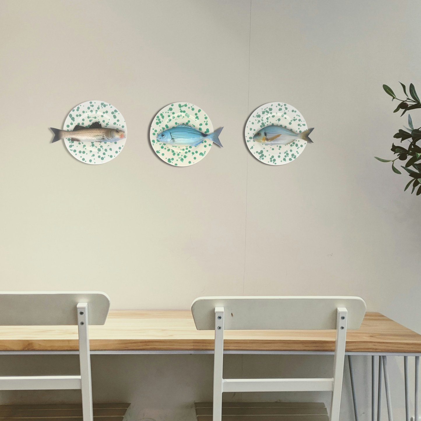 Spigola op wit met groen verfspatten bord, 22 cm
