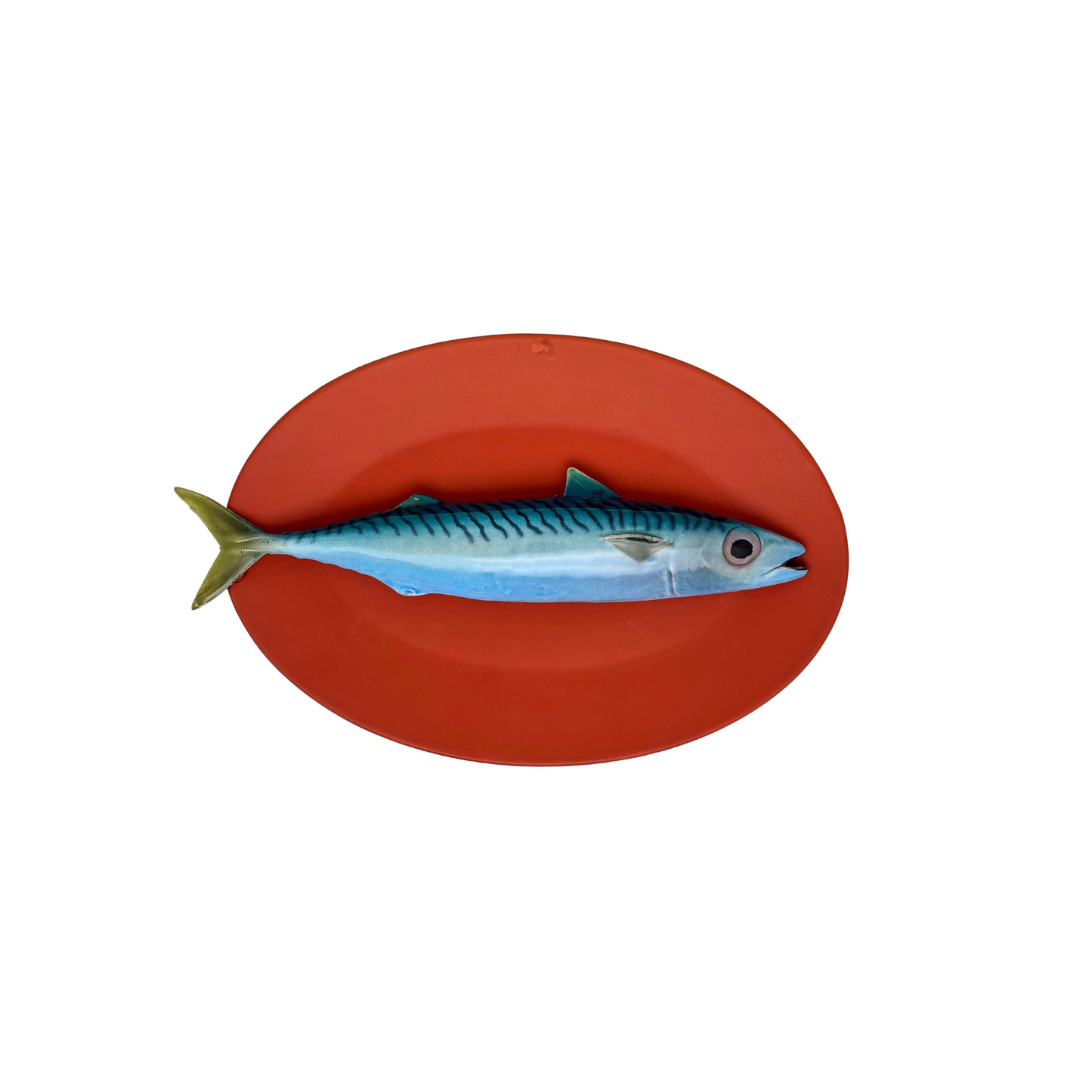 Sgrombro/Makreel op mat koraalkleur bord, ovaal 27X19