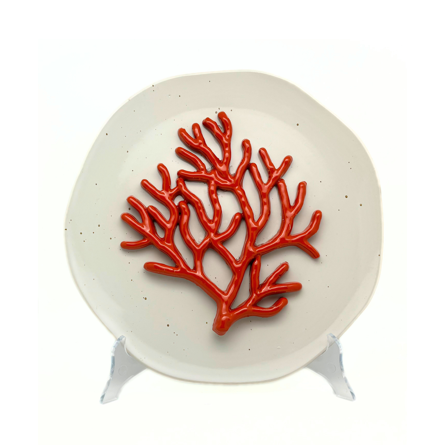 1262 Koraal medio op kiezel/grijs hoekig bord, 26 cm