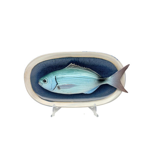 Occhiata op ovaal blauw bord met lichte rand, 26x25cm