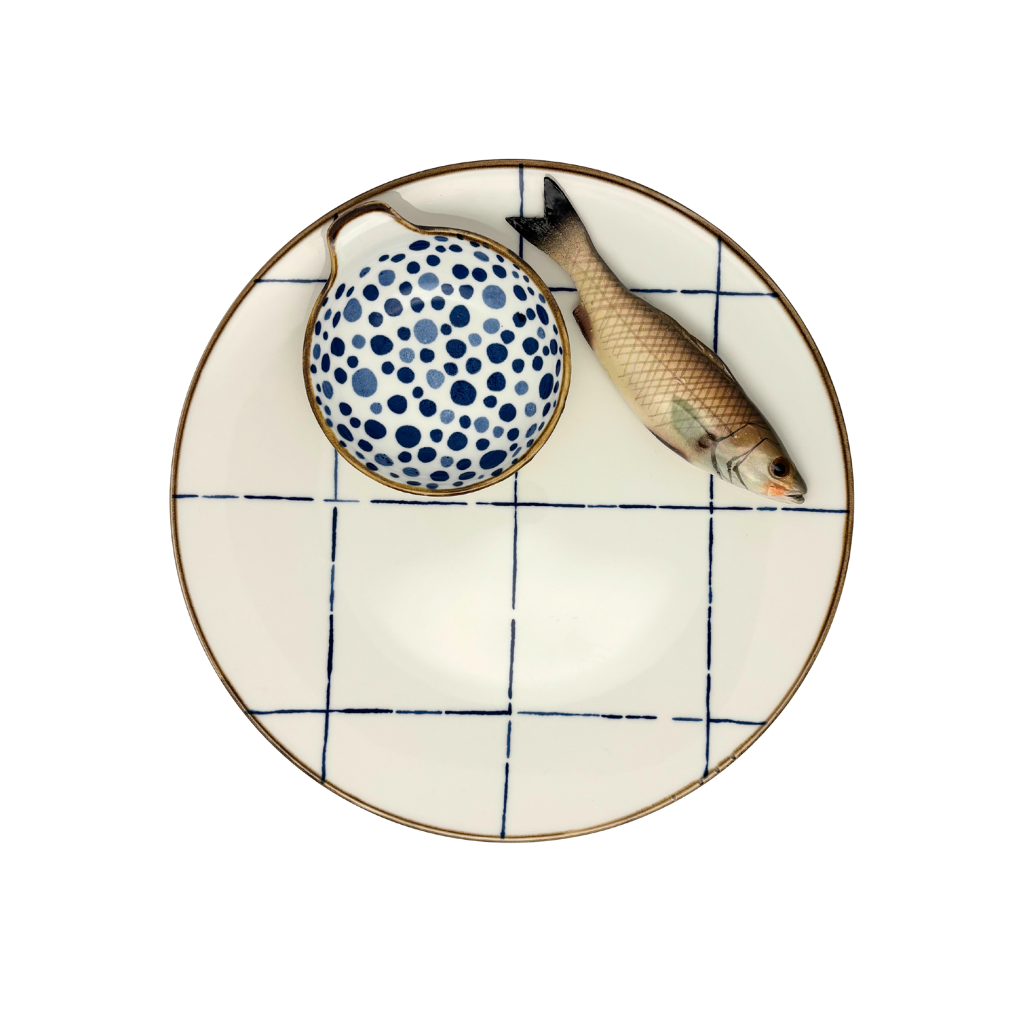 Spigola medio Borrelbord met dipschaaltje - blauw-wit ruit 26cm