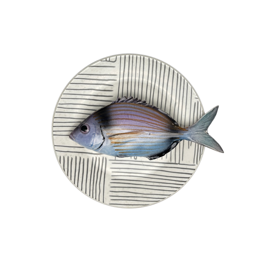 Viatora op bord met grijze streep decoratie, 20 cm rond.