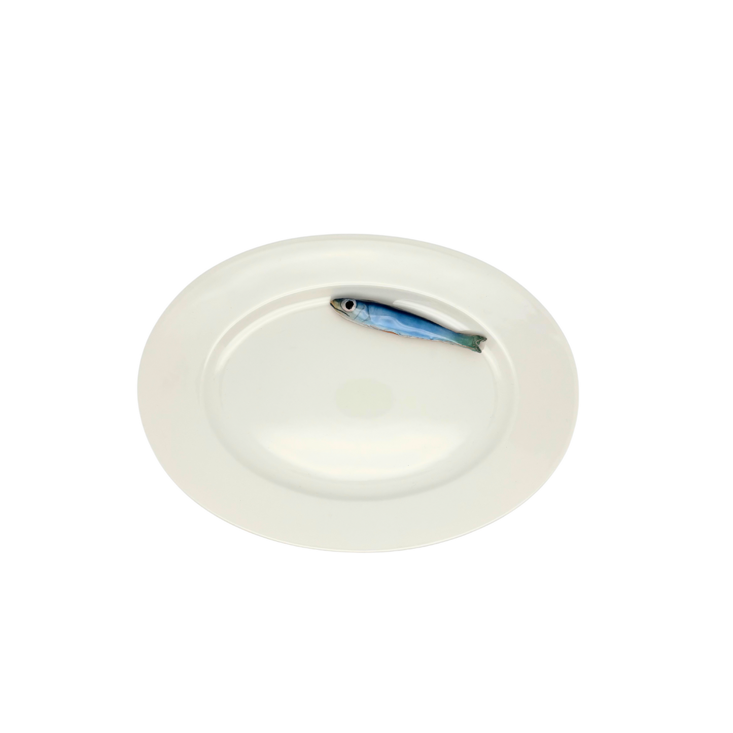 Serveerbordje ovaal wit met sardine piccolo, 24X17cm.