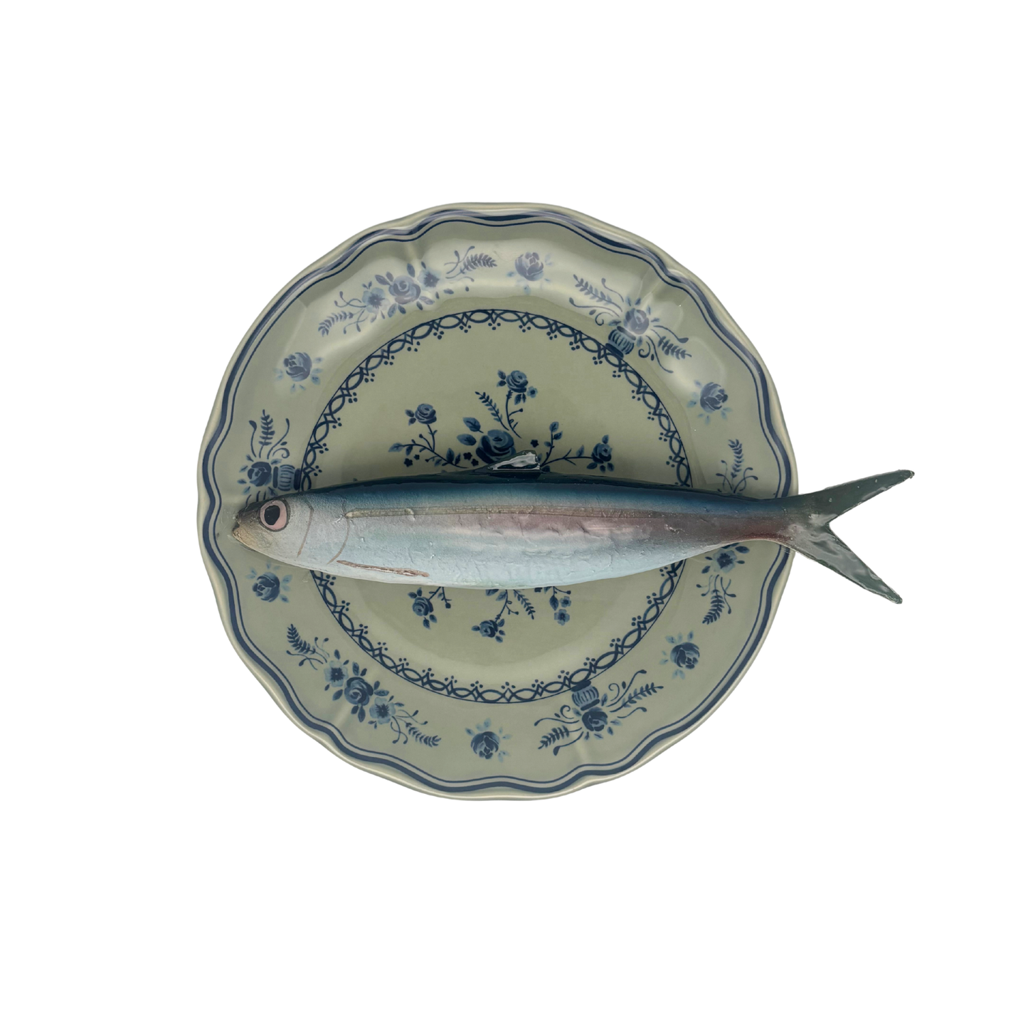 Alaccia/Haring op olijfgroen bord met blauwe decoratie 21 cm