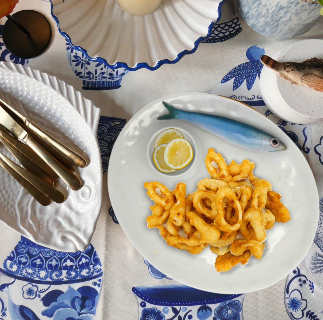 Serveer/borrelbord wit met Sardine en dipbakje, 28X24 cm